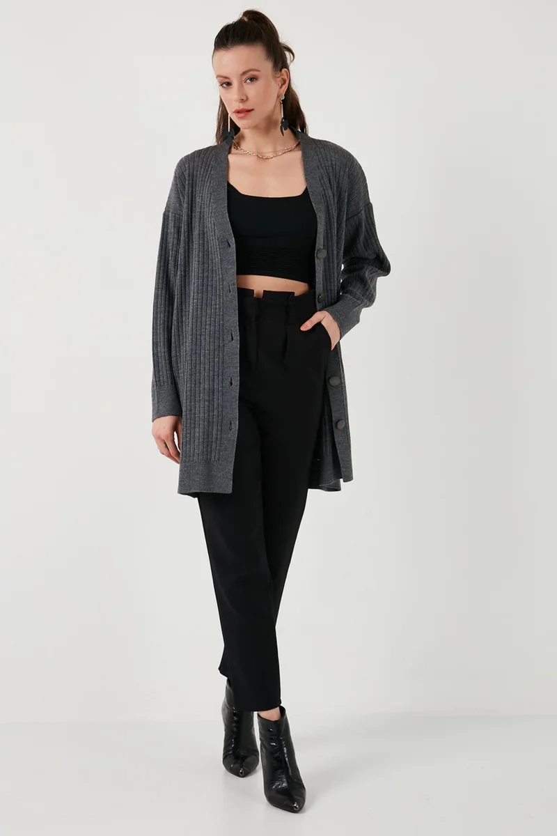 Lela V Neck Buttoned Long Knitted Cardigan Women's Cardigan 4616040Y