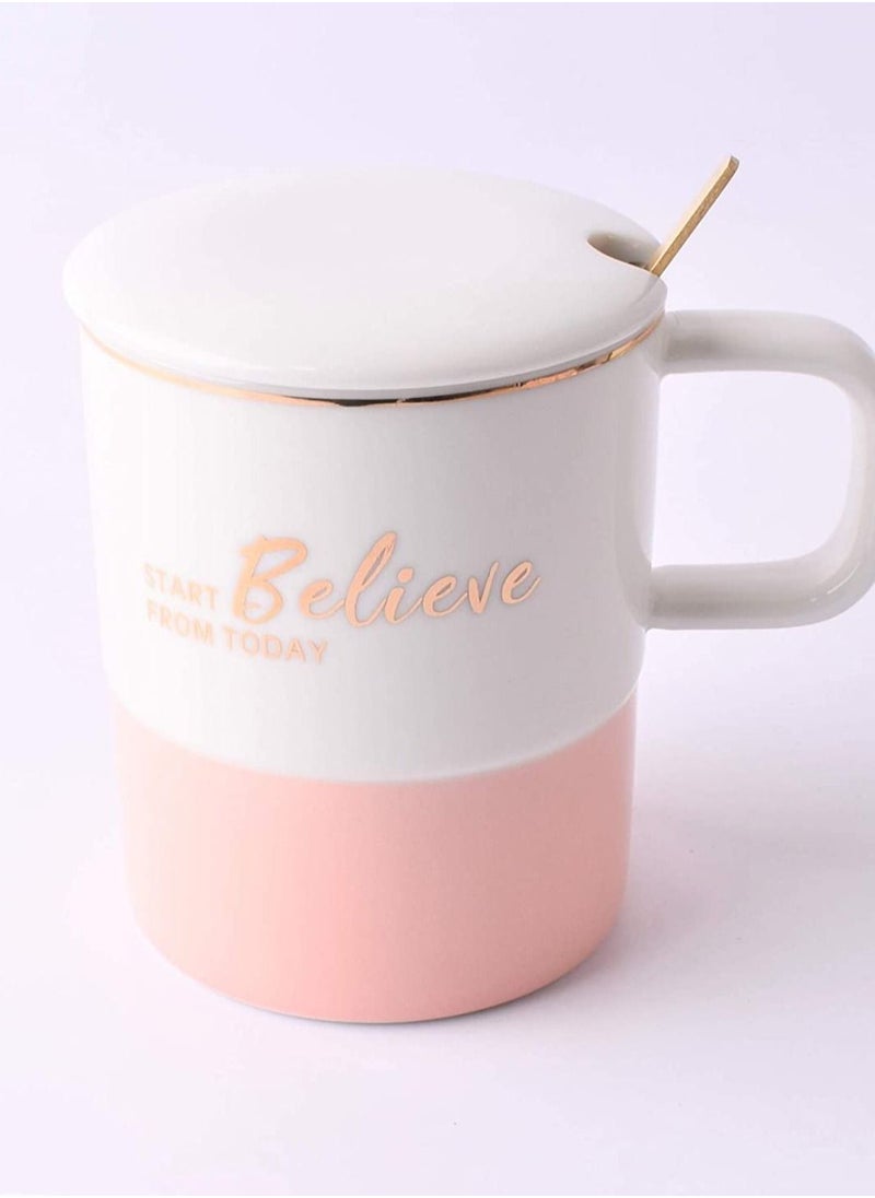 Home Concept Tea Cup And Lid With Gold Spoon White/Pink  - Image 1