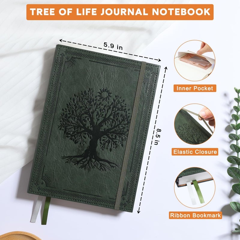 Gosirm Leather Journal Notebook A5 Notepad Paper, 280 Pages Mens Journal College Ruled for Writing Work, 100GSM Hard Cover Notebooks Journaling for Women, 5.9" x 8.5" Lined with Index Stickers (Green Tree) - Image 2