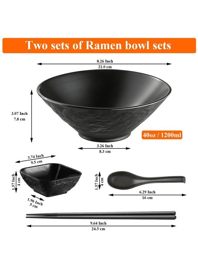Kyraton Ramen Bowl Set 40oz with Chopsticks Dipping Bowls and Spoons: 2 large Unbreakable Japanese Style Plastic Noodle Soup Bowls for Asian Pho Soup Thai Miso Udon Wonton (Black, White) - Image 2