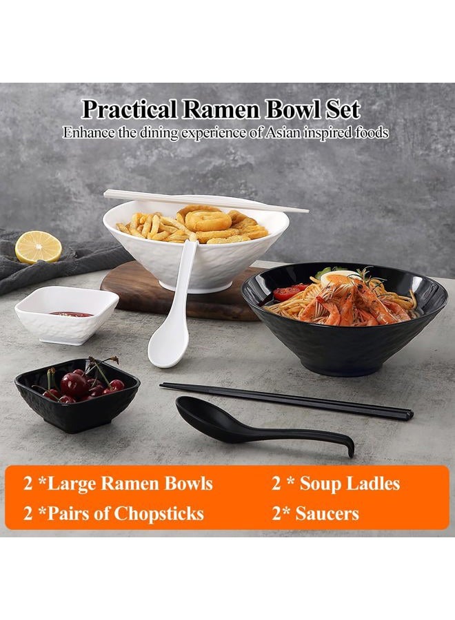 Kyraton Ramen Bowl Set 40oz with Chopsticks Dipping Bowls and Spoons: 2 large Unbreakable Japanese Style Plastic Noodle Soup Bowls for Asian Pho Soup Thai Miso Udon Wonton (Black, White) - Image 3
