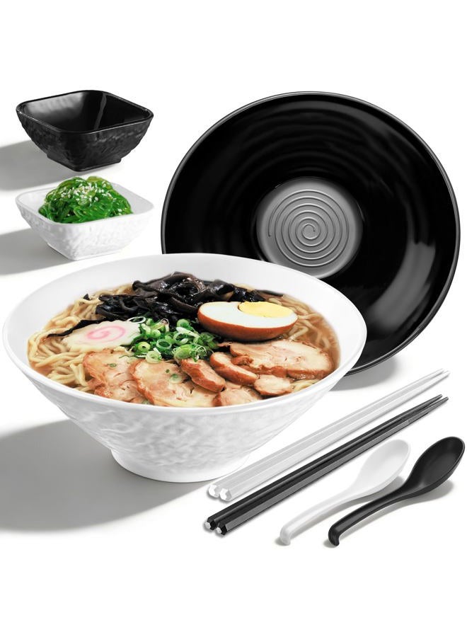 Kyraton Ramen Bowl Set 40oz with Chopsticks Dipping Bowls and Spoons: 2 large Unbreakable Japanese Style Plastic Noodle Soup Bowls for Asian Pho Soup Thai Miso Udon Wonton (Black, White) - Image 1