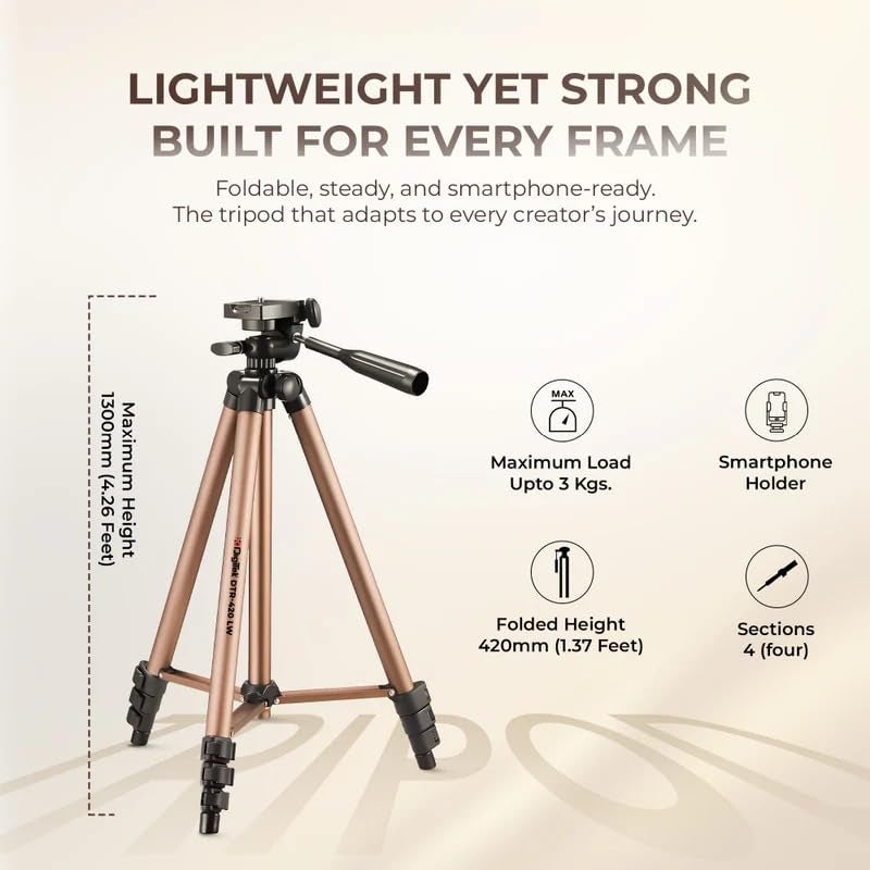 Digitek (DTR 420LW) Tripod for Camera & Smartphone with Holder – 4.26ft Max Height, 3Kg Load, 4-Section Legs, 3-Way Head, Quick Release Plate - Ideal for Photography & Videography - Image 4