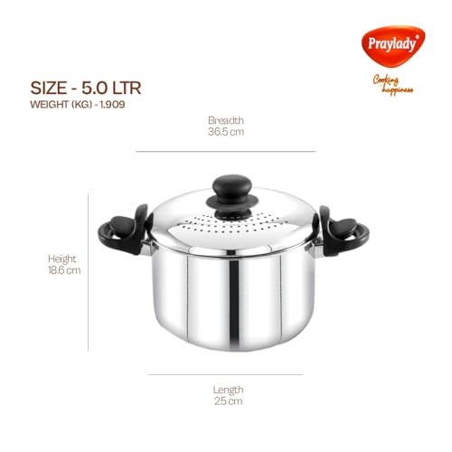 Praylady Stainless Steel Strainer Pot 5L | 24 CM | Anti-Locking Glass Lid | Multi-Purpose Pasta, Rice & Noodle Pot | Large Family Pot | Induction & Gas Compatible | ISI Certified - Image 5