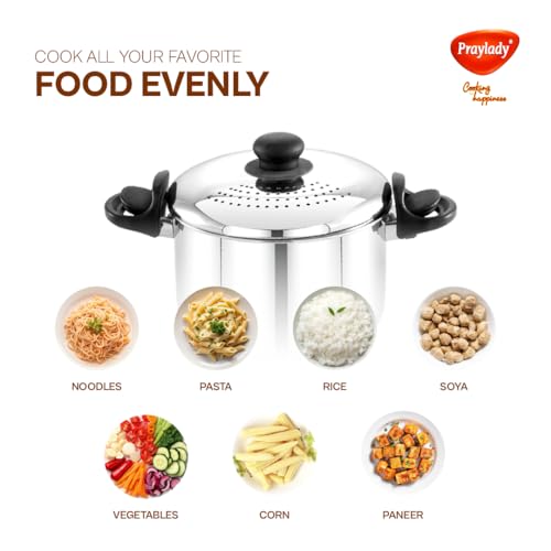 Praylady Stainless Steel Strainer Pot 5L | 24 CM | Anti-Locking Glass Lid | Multi-Purpose Pasta, Rice & Noodle Pot | Large Family Pot | Induction & Gas Compatible | ISI Certified - Image 2