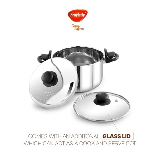 Praylady Stainless Steel Strainer Pot 5L | 24 CM | Anti-Locking Glass Lid | Multi-Purpose Pasta, Rice & Noodle Pot | Large Family Pot | Induction & Gas Compatible | ISI Certified - Image 3