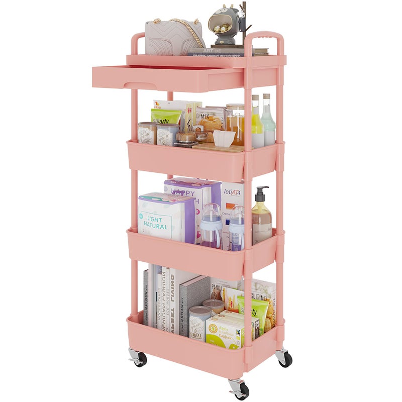 Calmootey 4Tier Rolling Utility Cart with DrawerMultifunctional Storage Organizer with Plastic Shelf Metal WheelStorage Cart for KitchenBathroomLiving RoomOfficePink