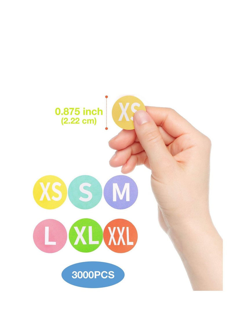سيوسي ملصقات بحجم الملابس مقاس 7/8 بوصة 3000 قطعة ملصقات لاصقة ملونة مشفرة ملصقات ملابس مستديرة ، 6 لفات ، 6 أحجام (XS ، S ، M ، L ، XL ، XXL) - Image 2