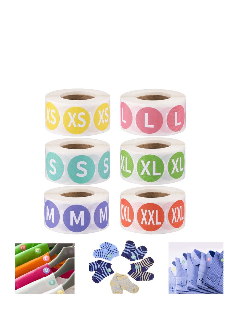 سيوسي ملصقات بحجم الملابس مقاس 7/8 بوصة 3000 قطعة ملصقات لاصقة ملونة مشفرة ملصقات ملابس مستديرة ، 6 لفات ، 6 أحجام (XS ، S ، M ، L ، XL ، XXL) - Image 1