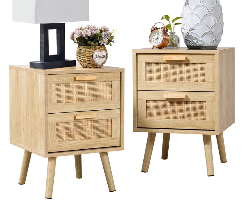 Finnhomy Nightstand End Table Side Table with 2 Hand Made Rattan Decorated Drawers Nightstands Set of 2 Wood Accent Table with Storage for Bedroom Natural 2 Pack