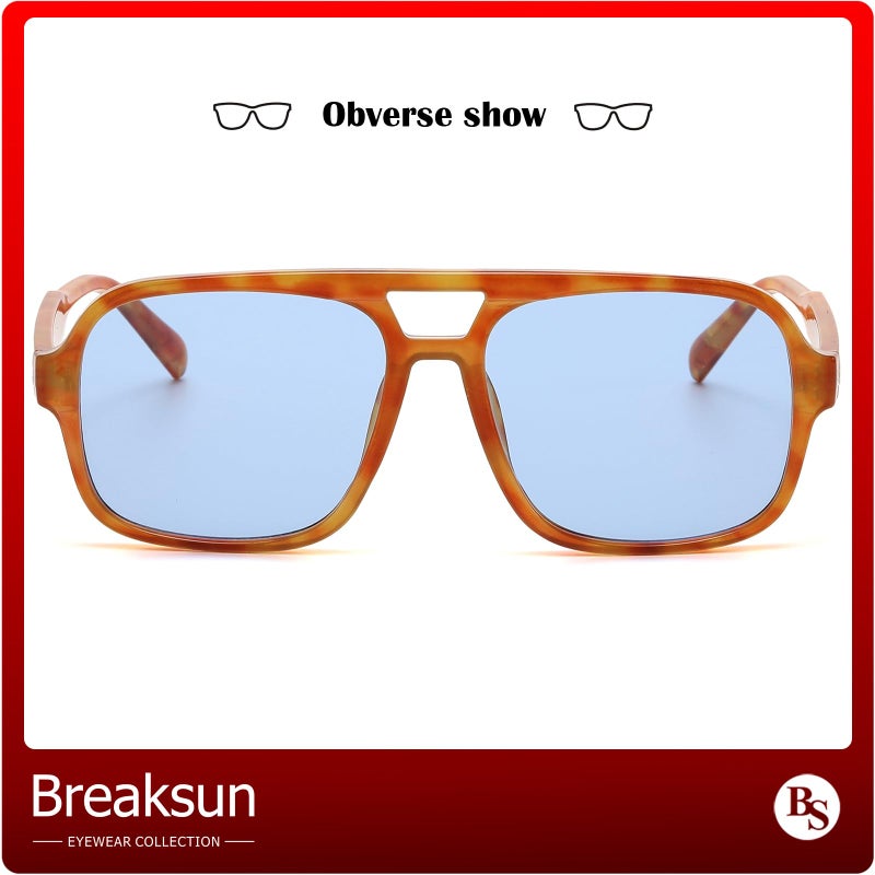 Breaksun Retro Aviator Sunglasses for Women Men Trendy Classic 70s Square Green Aviator Sun Glasses Vintage Shades (Orange tortoise/Blue) - Image 2