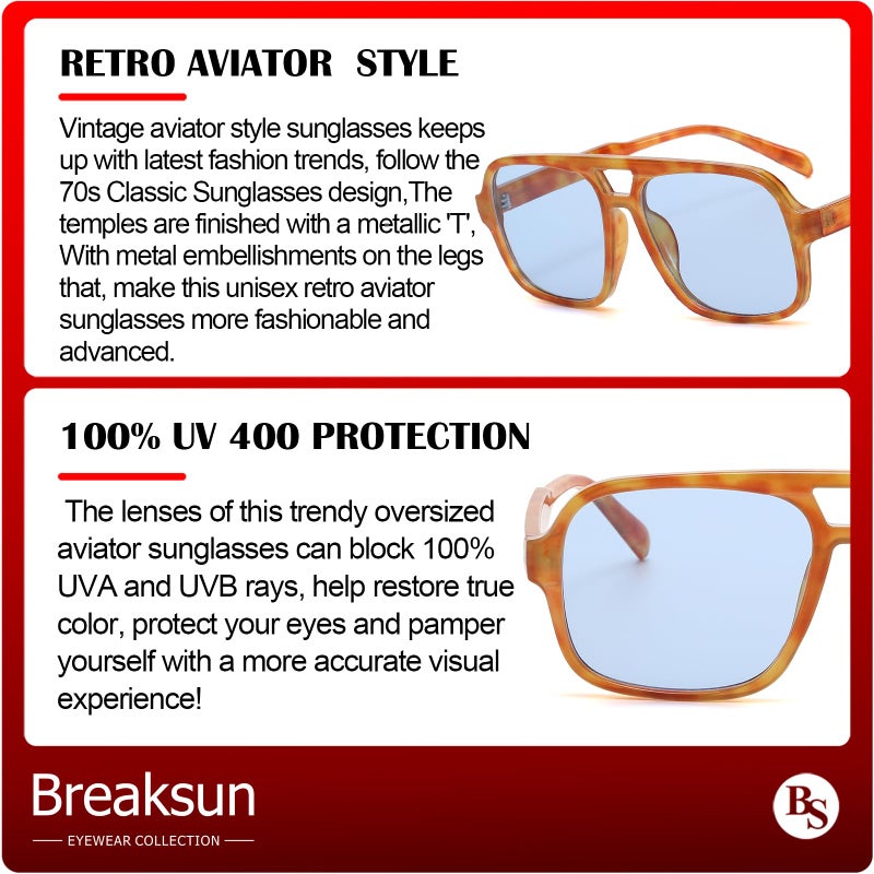 Breaksun Retro Aviator Sunglasses for Women Men Trendy Classic 70s Square Green Aviator Sun Glasses Vintage Shades (Orange tortoise/Blue) - Image 4