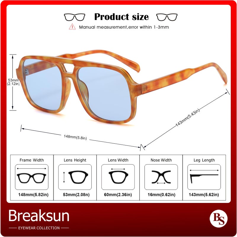 Breaksun Retro Aviator Sunglasses for Women Men Trendy Classic 70s Square Green Aviator Sun Glasses Vintage Shades (Orange tortoise/Blue) - Image 5