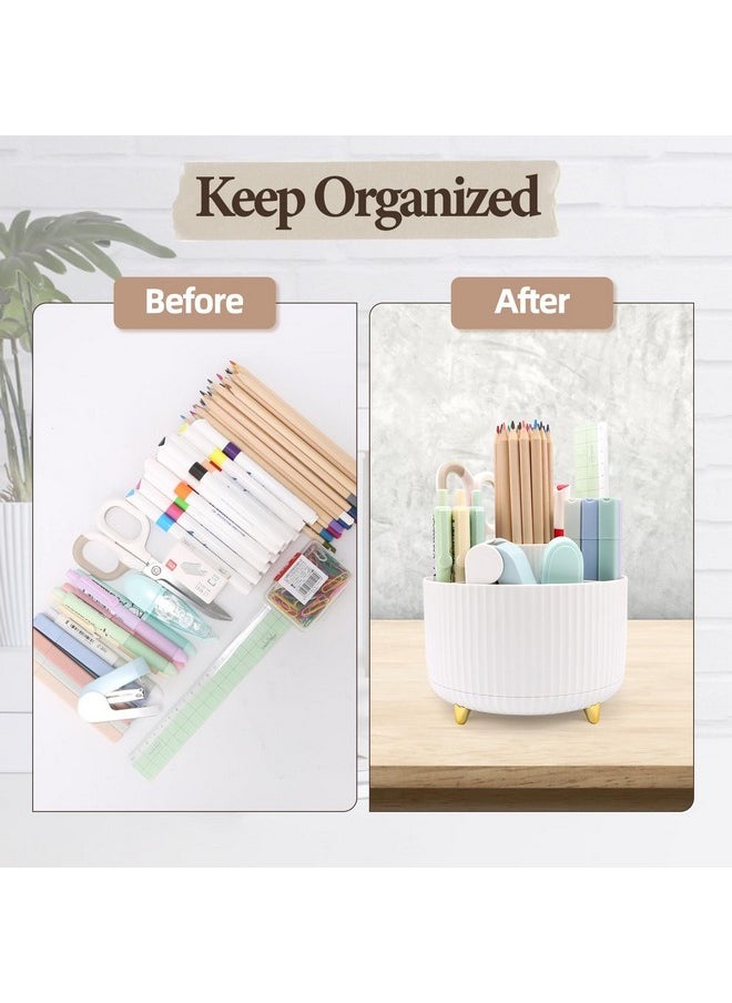 Cerpourt - Makeup Brush Organizer,5 Slots 360° Rotating Desk Pen Holder,Makeup Brushing Holder,Cosmetic Brushes Storage Holder,Cute Pencil Cup Pot,Desk Organizer And Accessories For Vanity (White) - Image 1