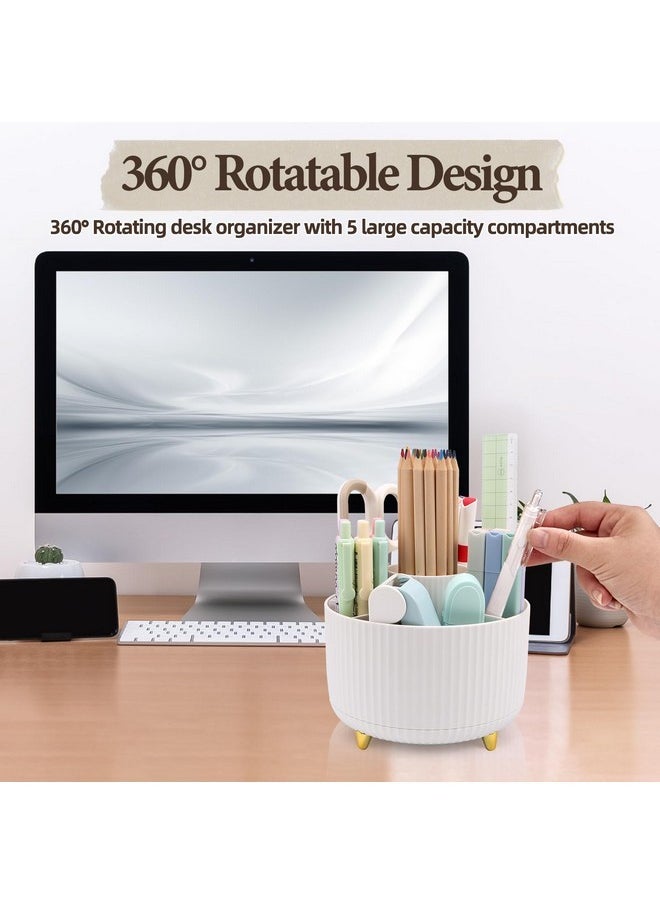 Cerpourt - Makeup Brush Organizer,5 Slots 360° Rotating Desk Pen Holder,Makeup Brushing Holder,Cosmetic Brushes Storage Holder,Cute Pencil Cup Pot,Desk Organizer And Accessories For Vanity (White) - Image 1