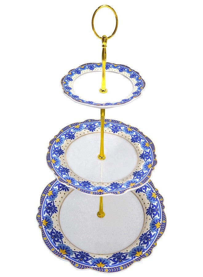 ACMLIFE 3 Tier Cupcake Stands for Dessert Table, Vintage Floral Round Cupcake Stand, Bone China Cake and Cupcake Stand for Party, Birthday, Weddings, Blue - Image 1