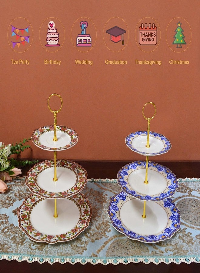 ACMLIFE 3 Tier Cupcake Stands for Dessert Table, Vintage Floral Round Cupcake Stand, Bone China Cake and Cupcake Stand for Party, Birthday, Weddings, Blue - Image 4