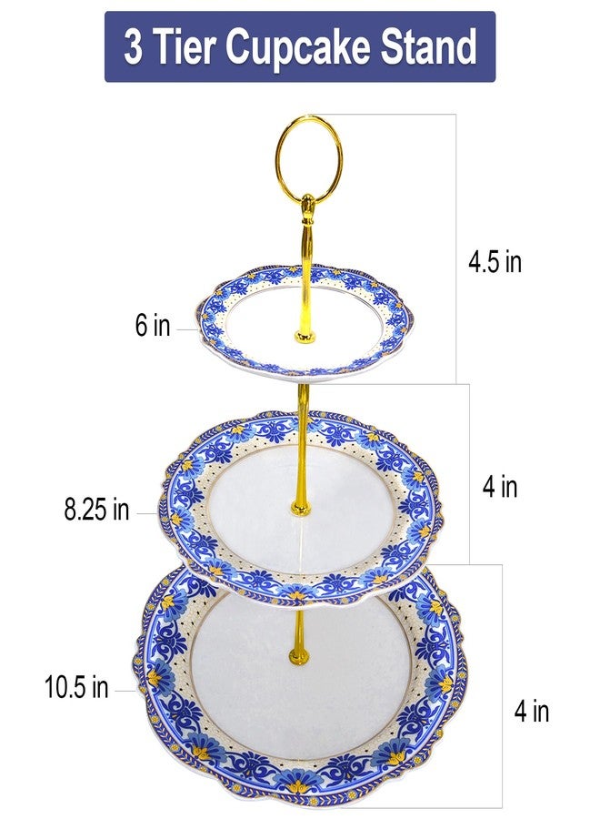 ACMLIFE 3 Tier Cupcake Stands for Dessert Table, Vintage Floral Round Cupcake Stand, Bone China Cake and Cupcake Stand for Party, Birthday, Weddings, Blue - Image 5