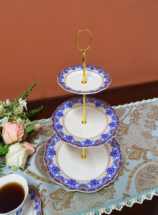ACMLIFE 3 Tier Cupcake Stands for Dessert Table, Vintage Floral Round Cupcake Stand, Bone China Cake and Cupcake Stand for Party, Birthday, Weddings, Blue - Image 2