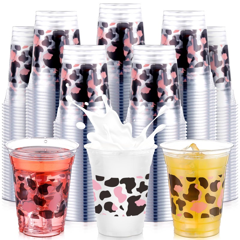 SiliFine 12 oz Pink Cow Print Plastic Cup Cow Themed Party Cups Clear Disposable Drinking Cups for Party Supplies Birthday Camping Barbecues Picnics Graduation Events - Image 1
