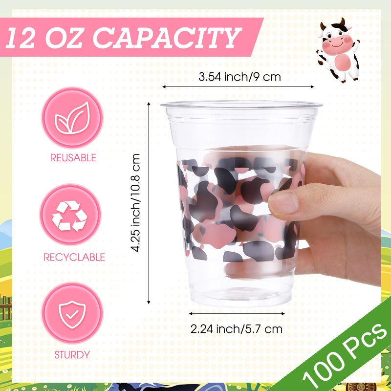 SiliFine 12 oz Pink Cow Print Plastic Cup Cow Themed Party Cups Clear Disposable Drinking Cups for Party Supplies Birthday Camping Barbecues Picnics Graduation Events - Image 2