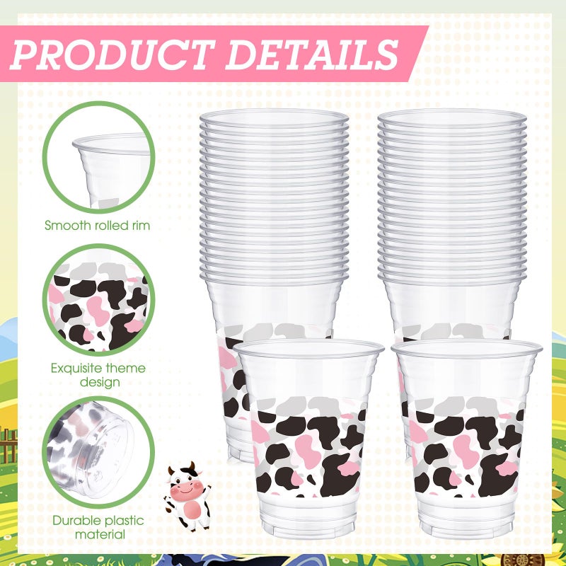 SiliFine 12 oz Pink Cow Print Plastic Cup Cow Themed Party Cups Clear Disposable Drinking Cups for Party Supplies Birthday Camping Barbecues Picnics Graduation Events - Image 3