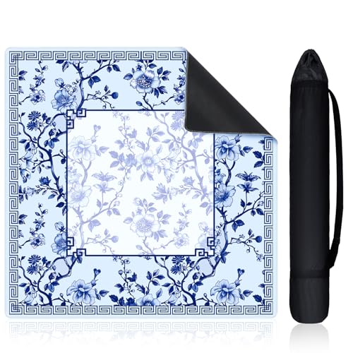 Sonwyoung 22 Inch Mini Chinoiserie Mahjong Mat for Travel Set White Floral Mahjong Mat Cute Small Domino Accessories Gifts Domino and Tile Game Table Blue - Image 1