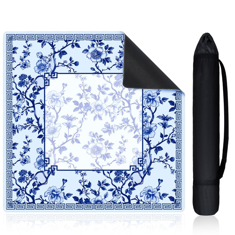 Sonwyoung 22 Inch Mini Chinoiserie Mahjong Mat for Travel Set White Floral Mahjong Mat Cute Small Domino Accessories Gifts Domino and Tile Game Table Blue - Image 3