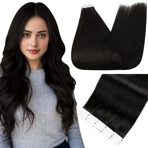 Full Shine Double Sided Tape in Hair Extensions 16 Inch Color 1B Off Black Invisible Natural Brazilian Human Hair Tape in Extensions 20 PCS Straight Seamless Remy Extensions 50 Grams Add Volume