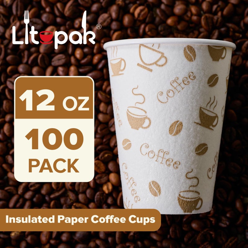 LITOPAK أكواب قهوة ليتوباك 100 عدد 12 أونصة أكواب قهوة ورقية معزولة للمقاهي والعائلات والحفلات - Image 2