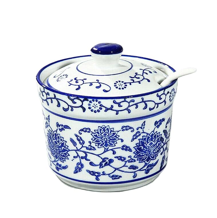 EatingBiting Ceramic Blue and White Sugar Bowl Spice Jar with Lid Spoon Seasoning Pot Set Storage Jar Seasoning Pot for Home Kitchen 300ml - Image 1