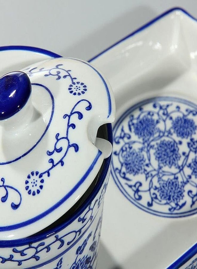 EatingBiting Ceramic Blue and White Sugar Bowl Spice Jar with Lid Spoon Seasoning Pot Set Storage Jar Seasoning Pot for Home Kitchen 300ml - Image 3