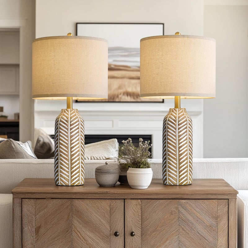 BOBOMOMO 26" Farmhouse Table Lamps Set of 2 - Vintage Leaf Design, Rustic Resin Nightstand Lamps for Bedroom, Living Room, Nursery, Hallway, Elegant Living Room Lamps with Linen Shades Antique Brown - Image 2