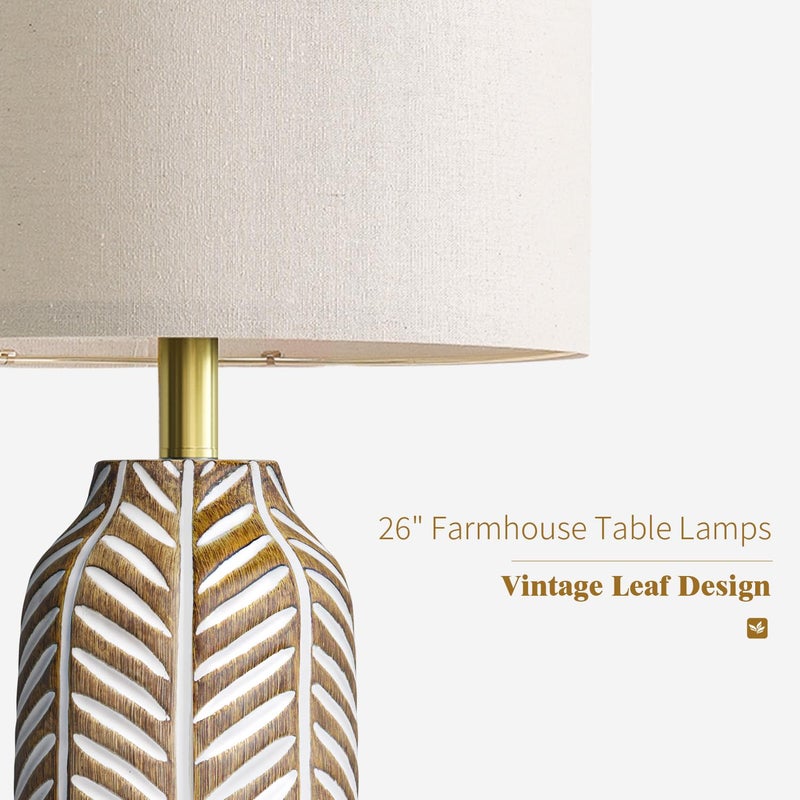 BOBOMOMO 26" Farmhouse Table Lamps Set of 2 - Vintage Leaf Design, Rustic Resin Nightstand Lamps for Bedroom, Living Room, Nursery, Hallway, Elegant Living Room Lamps with Linen Shades Antique Brown - Image 3