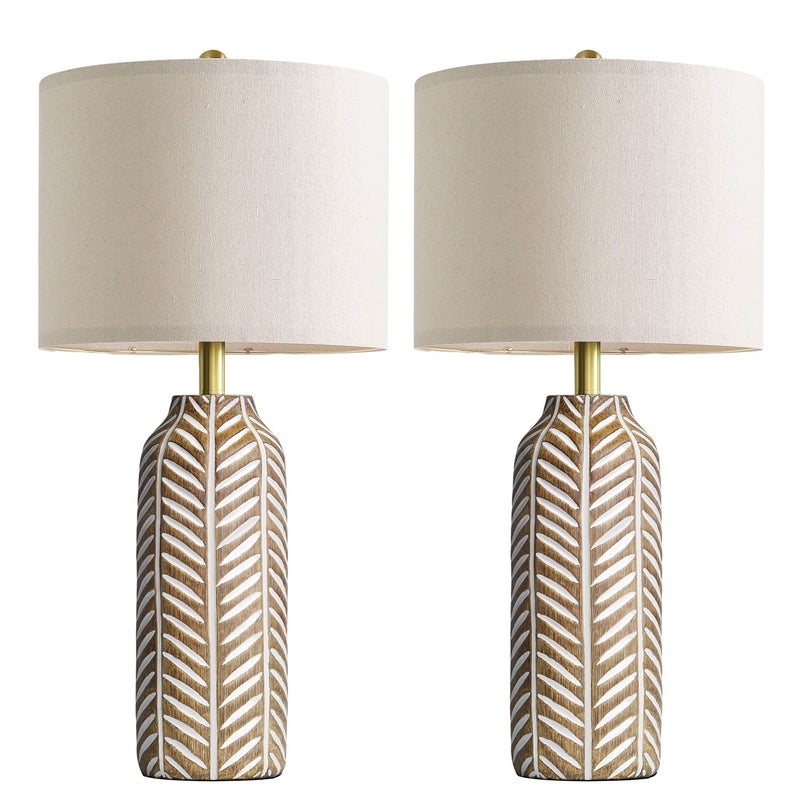 BOBOMOMO 26" Farmhouse Table Lamps Set of 2 - Vintage Leaf Design, Rustic Resin Nightstand Lamps for Bedroom, Living Room, Nursery, Hallway, Elegant Living Room Lamps with Linen Shades Antique Brown - Image 1