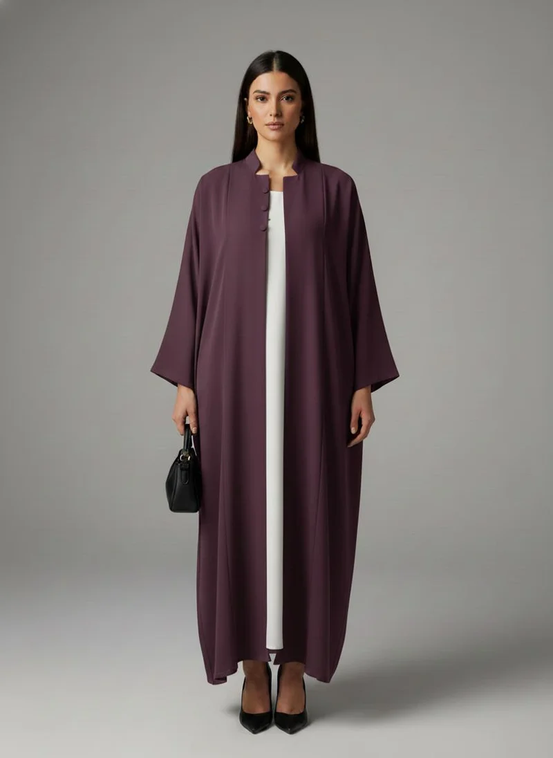 أم سكوير فاشن Signature Korean Nida Deep Plum Open Abaya Minimalist High-Neck Design