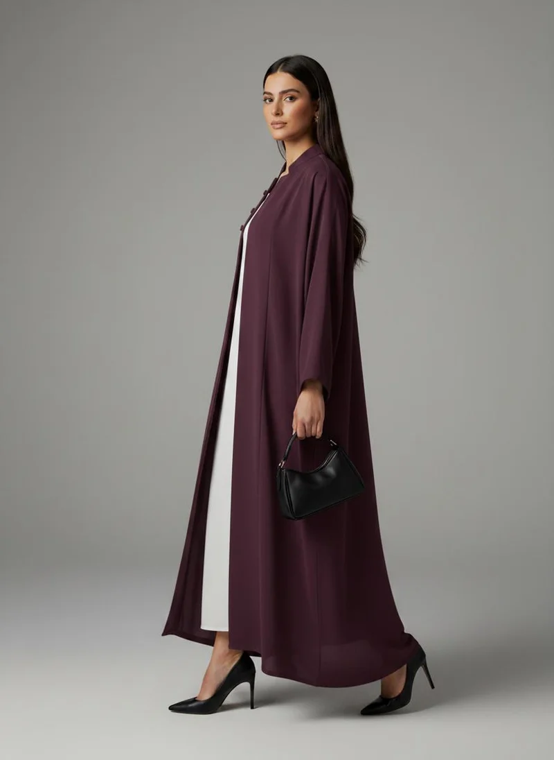 أم سكوير فاشن Signature Korean Nida Deep Plum Open Abaya Minimalist High-Neck Design