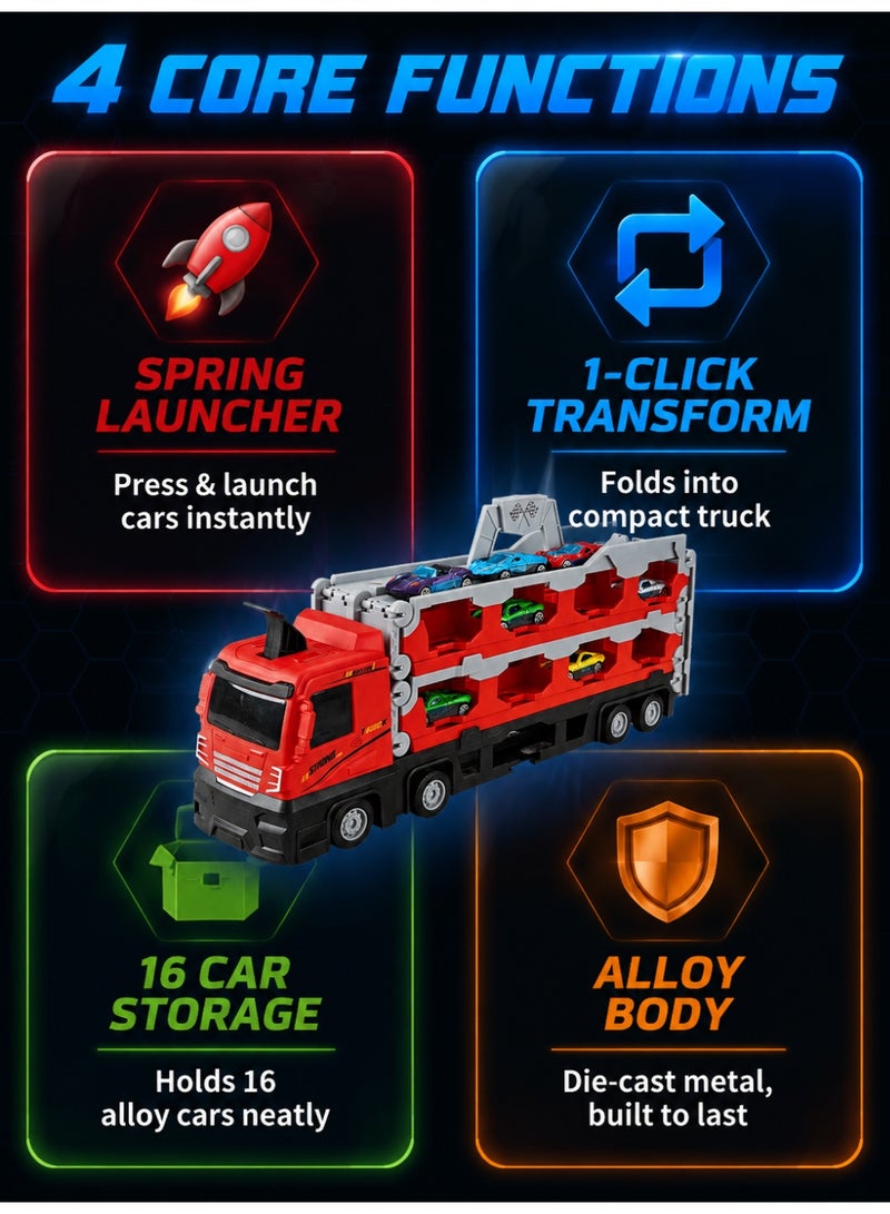 Joudiplay Toy racing track trucks with slots and a foldable track; innovative transforming transport trucks; a transport vehicle toy set for young children; includes 16 die-cast mini cars; a car toy set suitable for children aged 3 and over (boys and girls) - Image 3