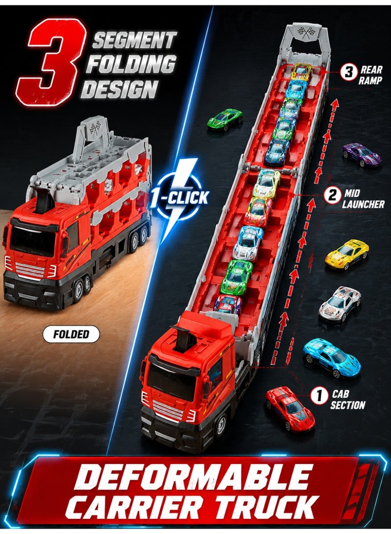 Joudiplay Toy racing track trucks with slots and a foldable track; innovative transforming transport trucks; a transport vehicle toy set for young children; includes 16 die-cast mini cars; a car toy set suitable for children aged 3 and over (boys and girls) - Image 2