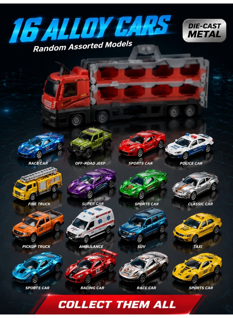 Joudiplay Toy racing track trucks with slots and a foldable track; innovative transforming transport trucks; a transport vehicle toy set for young children; includes 16 die-cast mini cars; a car toy set suitable for children aged 3 and over (boys and girls) - Image 5