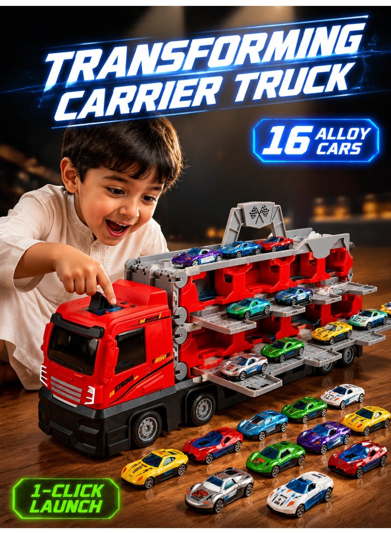 Joudiplay Toy racing track trucks with slots and a foldable track; innovative transforming transport trucks; a transport vehicle toy set for young children; includes 16 die-cast mini cars; a car toy set suitable for children aged 3 and over (boys and girls) - Image 1