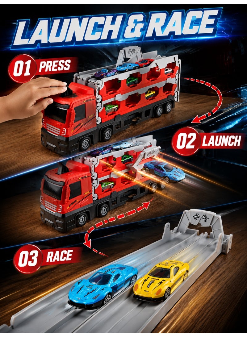 Joudiplay Toy racing track trucks with slots and a foldable track; innovative transforming transport trucks; a transport vehicle toy set for young children; includes 16 die-cast mini cars; a car toy set suitable for children aged 3 and over (boys and girls) - Image 4