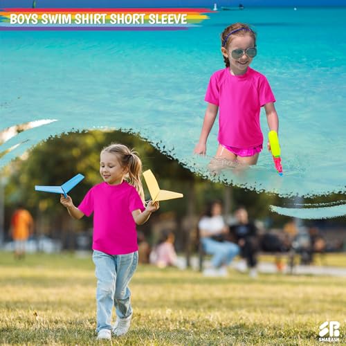 Smarash Girls Rash Guard Swim Shirt Short Sleeve for Toddler Kids Youth Rashguard Water Shirt UPF50 Swimming Fishing Sun SPF Tee Neon Pink 612M - Image 3