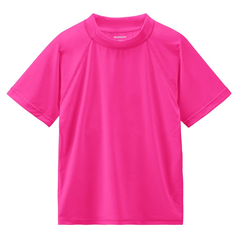 Smarash Girls Rash Guard Swim Shirt Short Sleeve for Toddler Kids Youth Rashguard Water Shirt UPF50 Swimming Fishing Sun SPF Tee Neon Pink 612M - Image 2