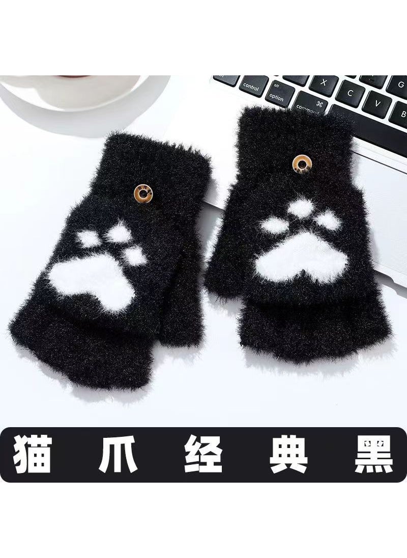 Generic Winter Half-finger Flip Cover Warm Thickened Bag Cover Finger Faux Fur Casual Versatile Student Writing Plush Glove Cat Claw Black 