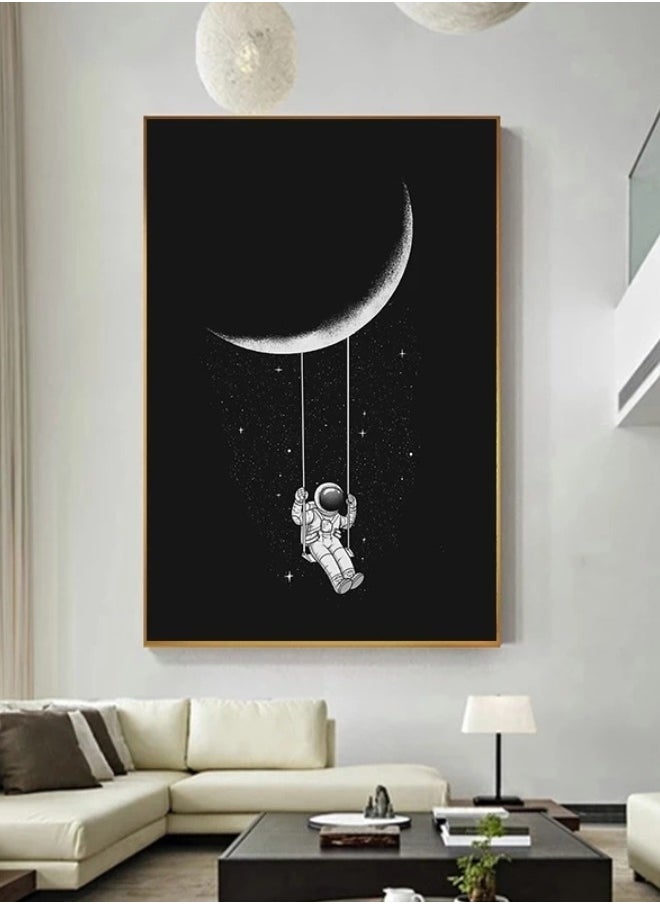 Generic - space,astronaut,swinging,on,the,moon,stars,canvas,painting,abstract,poster,and,print,wall,art,picture,for,living,room,home,decor - Image 1