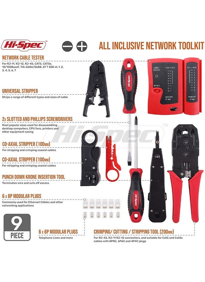 Hi-Spec Hi-Spec 9pc Network Cable Tester Tool Kit Set for CAT5, CAT6, RJ11, RJ45. Ethernet LAN Crimper, Punchdown, Coax Stripper & More  - Image 2