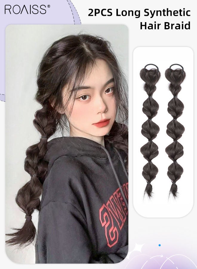 رويس قطعتان من ضفائر الفقاعات الاصطناعية الملتوية، وصلات شعر مع رباط شعر ملفوف مطاطي مرن، شعر مستعار طبيعي مضفر ناعم للفتيات والنساء للحفلات والارتداء اليومي، أسود بني، 35 سم - Image 1