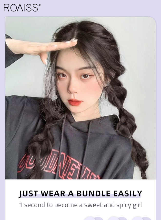 رويس قطعتان من ضفائر الفقاعات الاصطناعية الملتوية، وصلات شعر مع رباط شعر ملفوف مطاطي مرن، شعر مستعار طبيعي مضفر ناعم للفتيات والنساء للحفلات والارتداء اليومي، أسود بني، 35 سم - Image 5