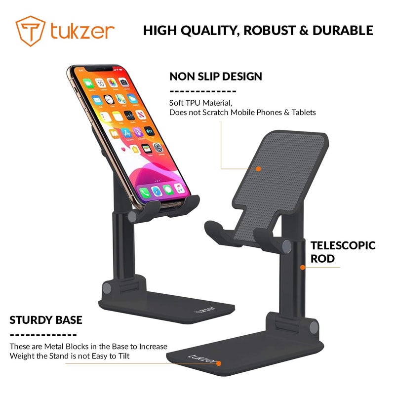 tuKZer Tabletop Fully Foldable Desktop Tablet Mobile Stand Holder with Angle & Height Adjustable for Desk, Cradle, Dock, Compatible with Smartphones & Tablets (Black) - Image 3